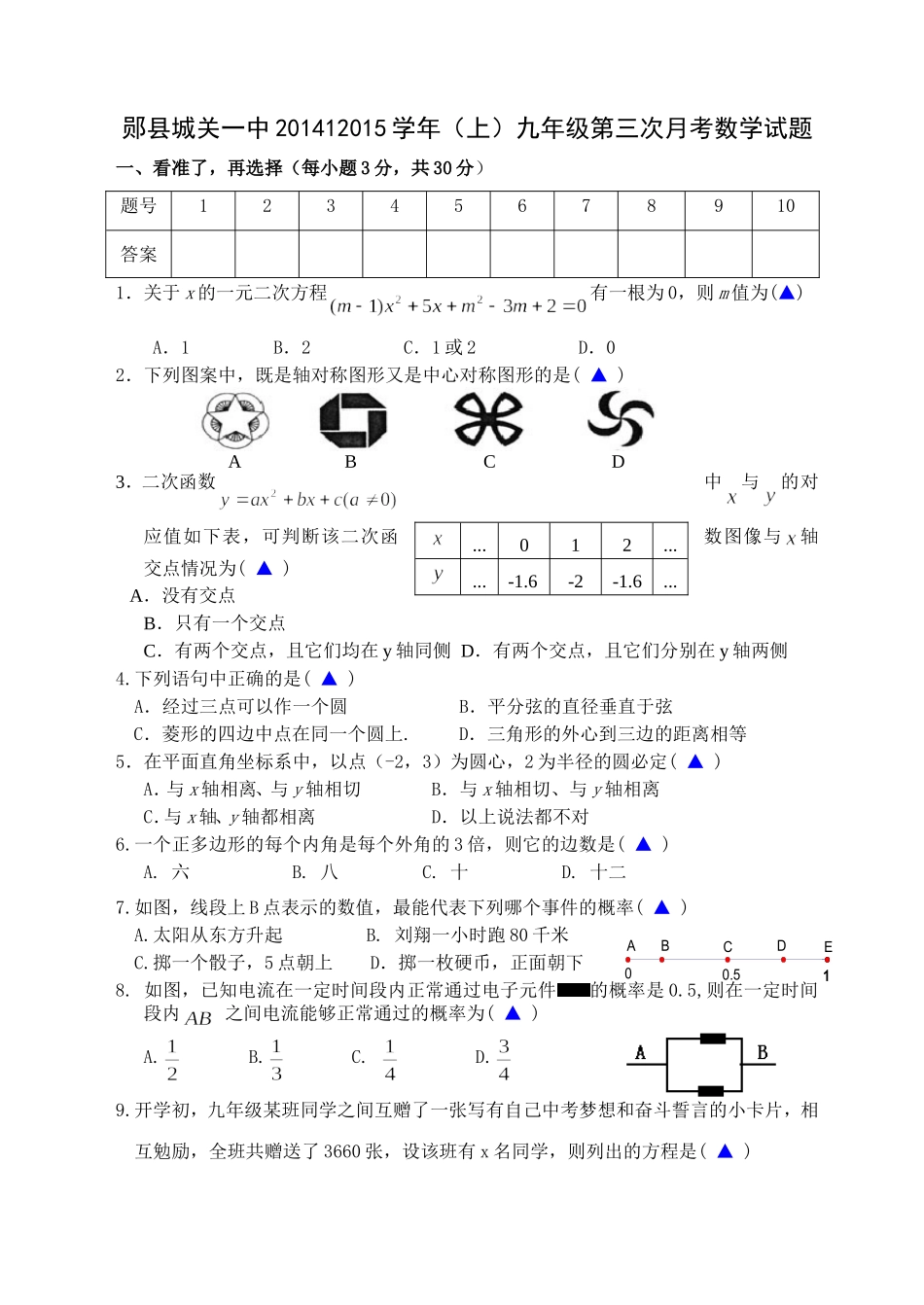 郧县城关一中201412015学年（上）九年级第三次月考数学试题_第1页