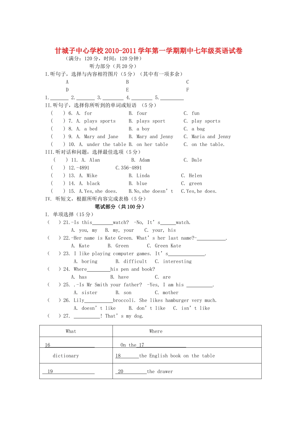 宁夏青铜峡市甘城子20102011七级英语上学期期中考试 _第1页