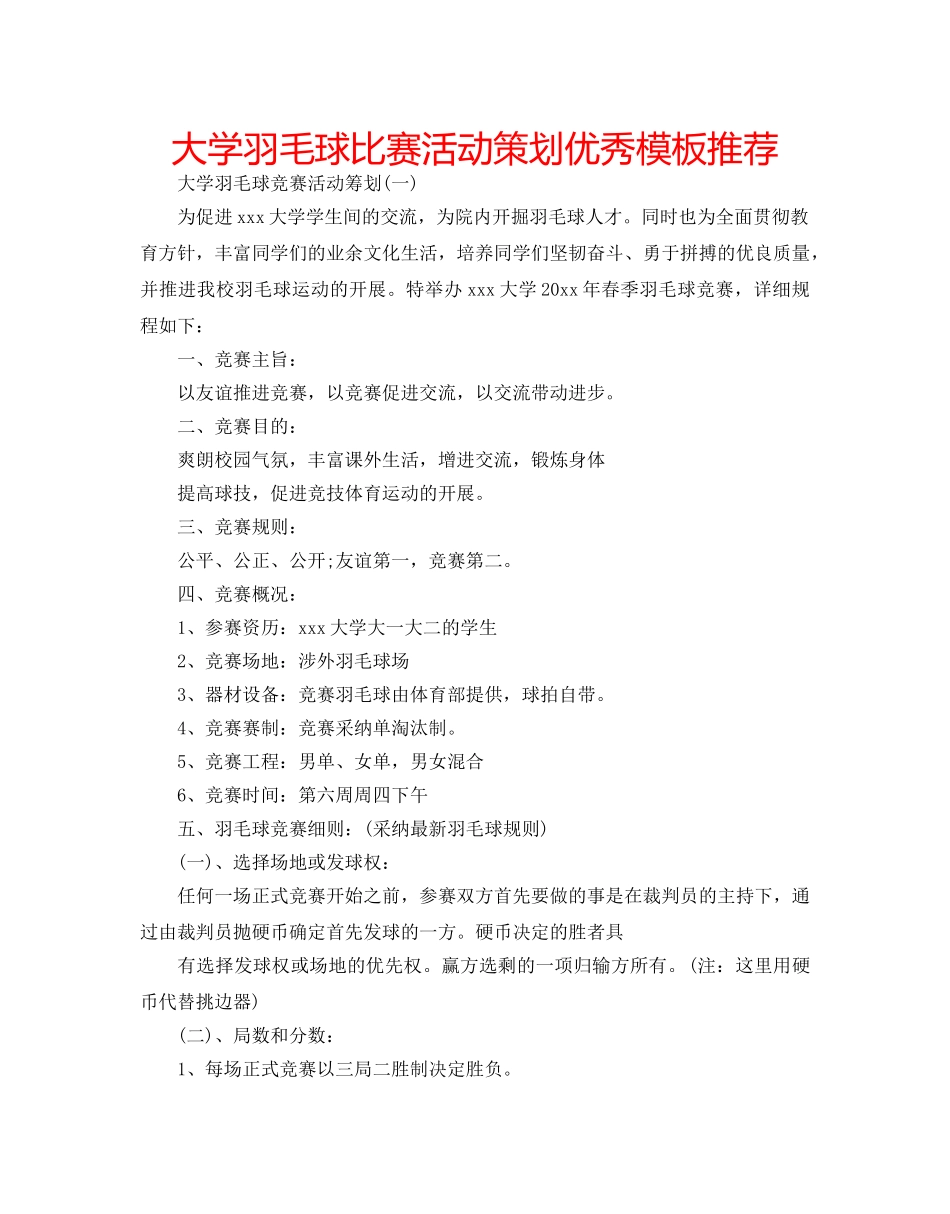 大学羽毛球比赛活动策划优秀模板推荐 _第1页
