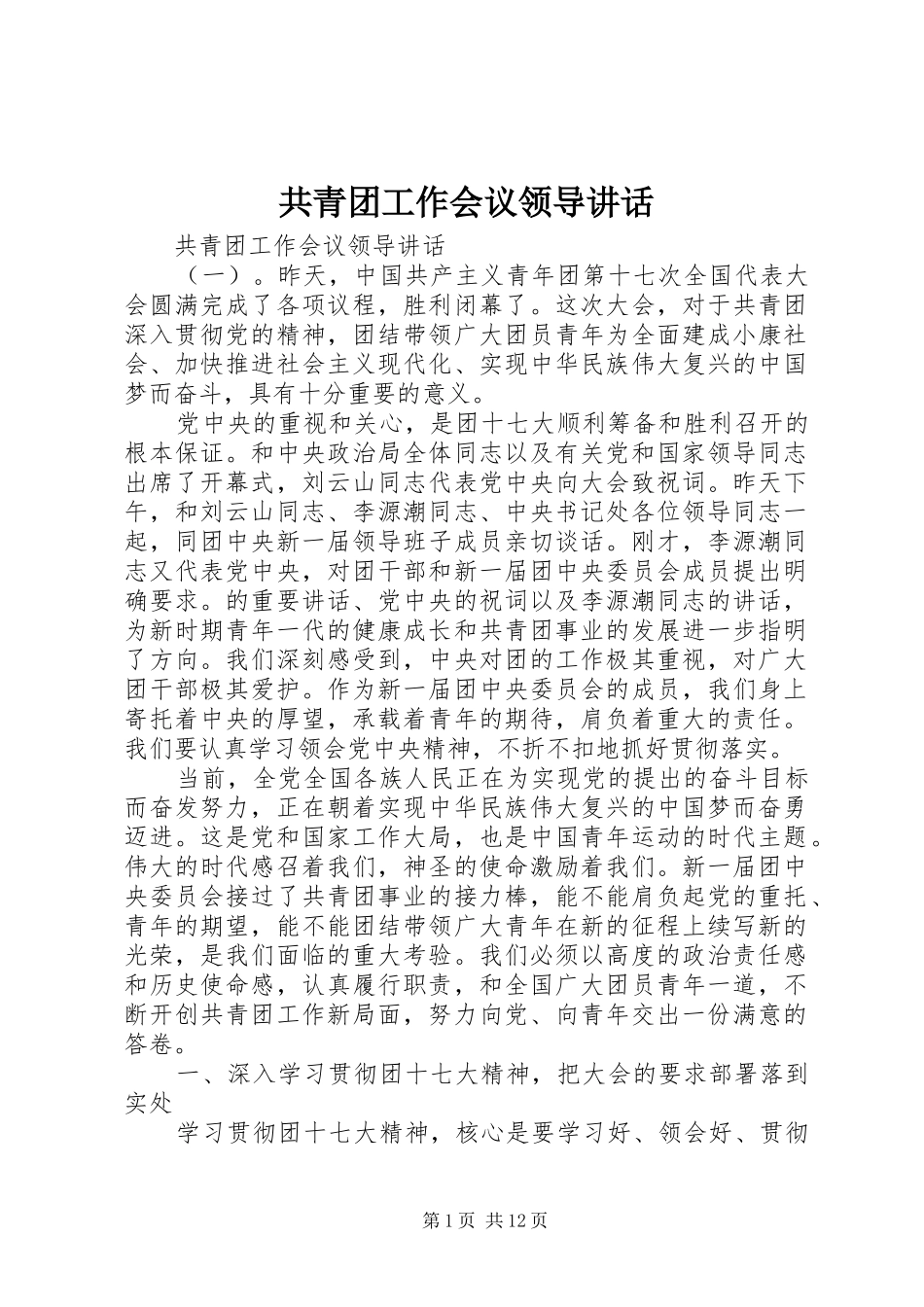 共青团工作会议领导讲话发言_第1页
