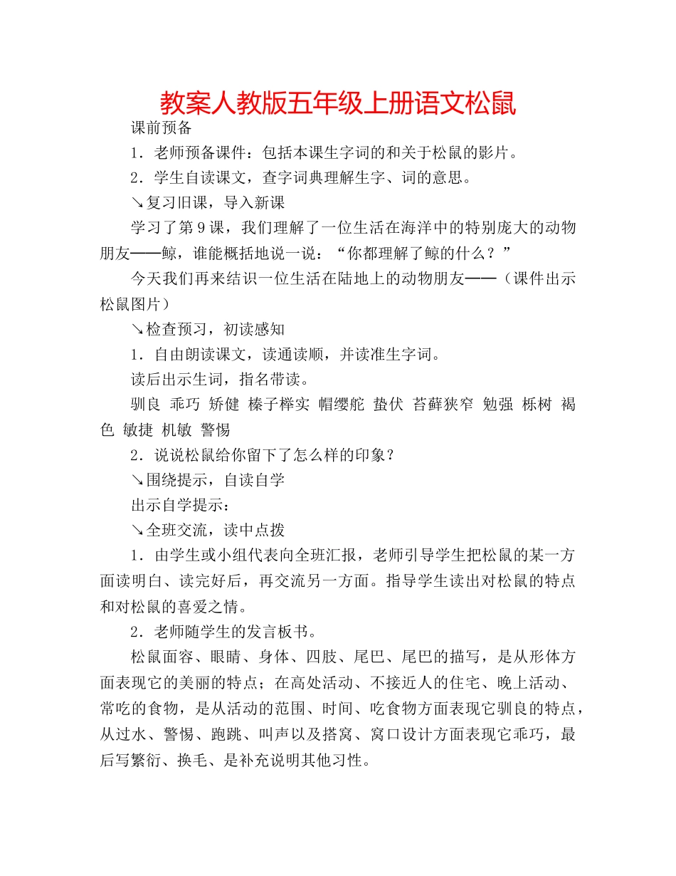 教案人教版五年级上册语文松鼠 _第1页