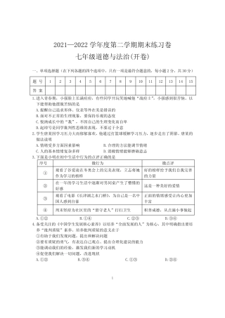 2021-2022学年下学期七年级道德与法治期末试卷(含答案) 