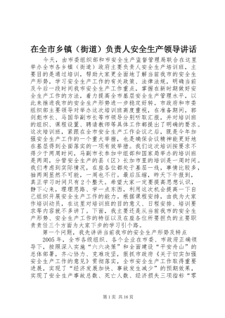 在全市乡镇（街道）负责人安全生产领导讲话发言