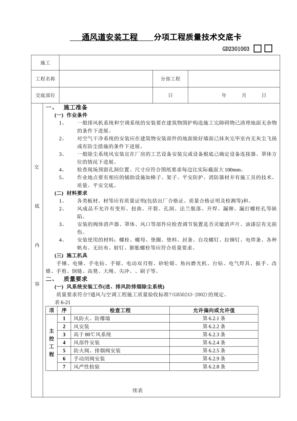通风管道安装工程质量技术交底卡_第1页