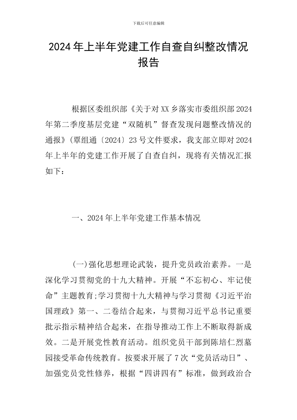 2024年上半年党建工作自查自纠整改情况报告_第1页