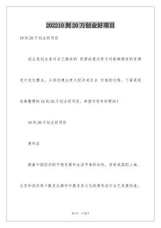 202410到20万创业好项目