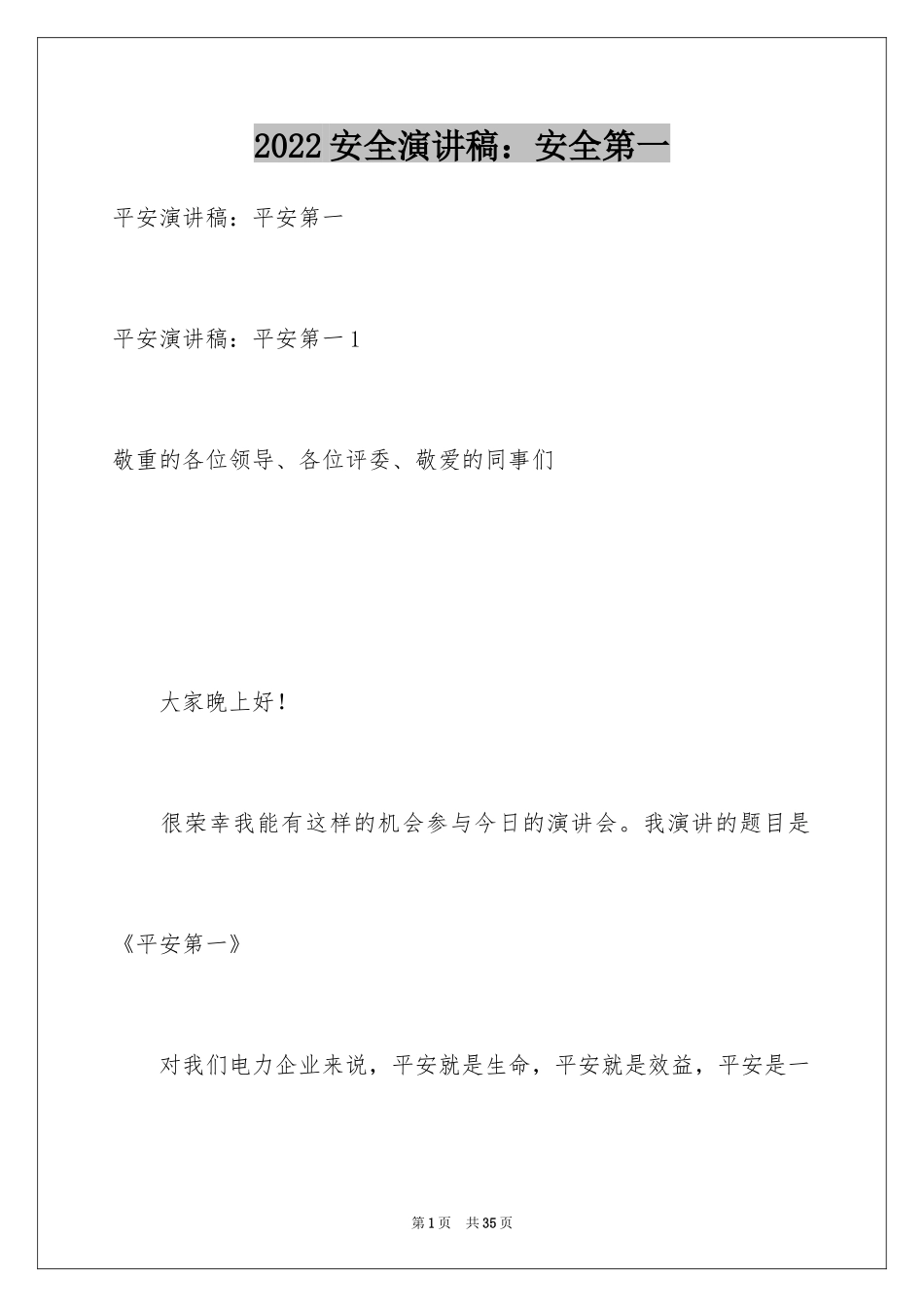 2024安全演讲稿：安全第一_第1页