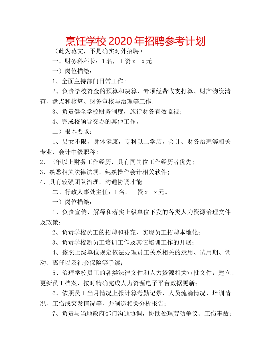 烹饪学校2020年招聘参考计划 _第1页