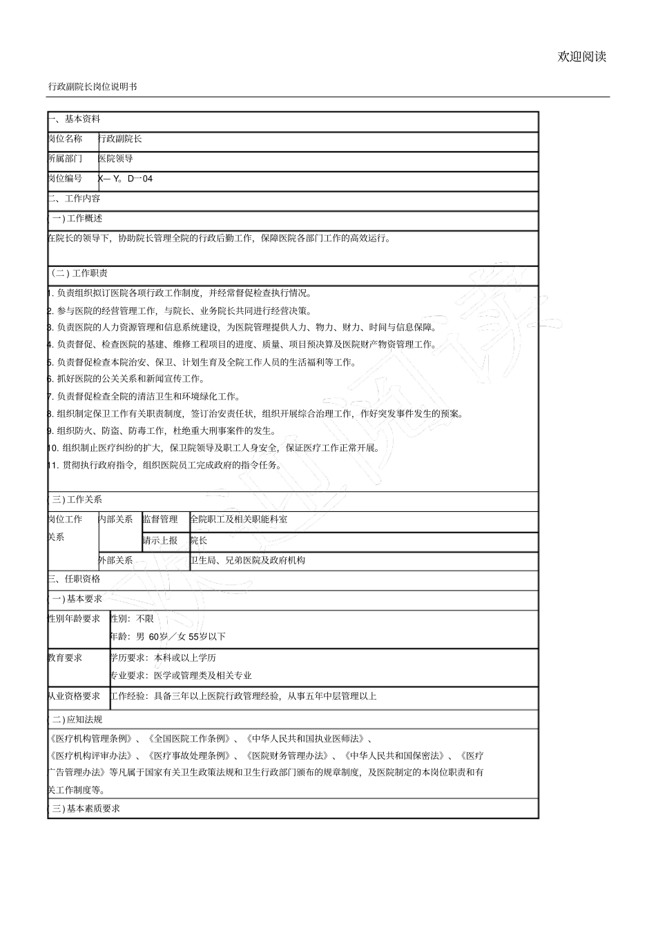 医院后勤岗位说明书模板_第1页