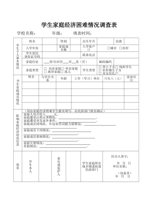 学生家庭经济困难情况调查表