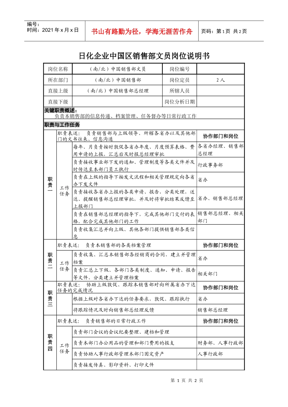 日化企业中国区销售部文员岗位说明书_第1页