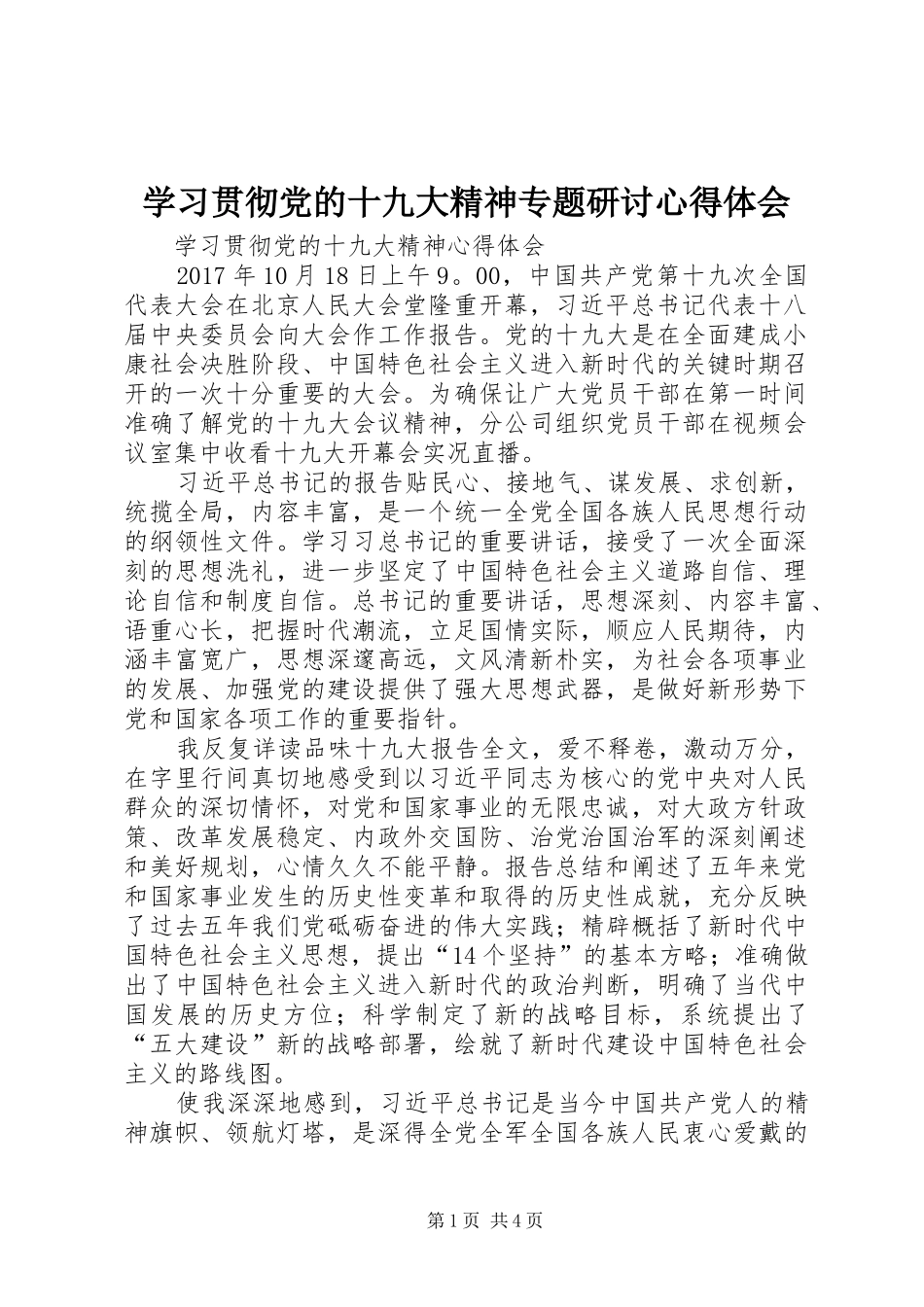 学习贯彻党的十九大精神专题研讨体会心得_第1页