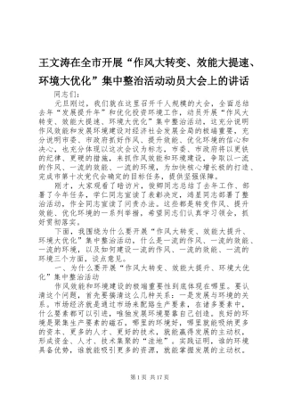 王文涛在全市开展“作风大转变、效能大提速、环境大优化”集中整治活动动员大会上的讲话发言