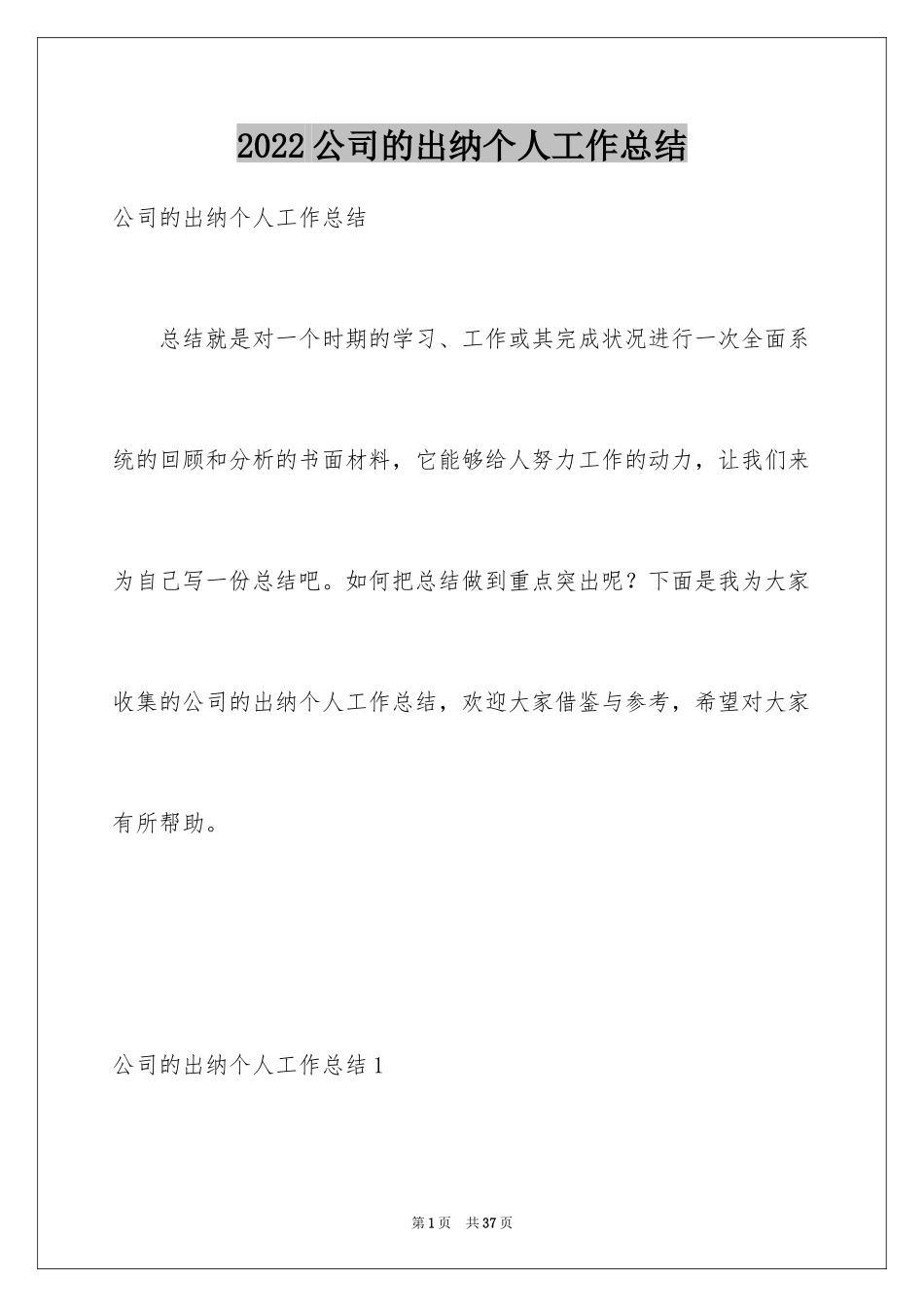 2024公司的出纳个人工作总结_第1页