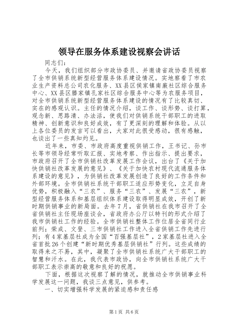 领导在服务体系建设视察会讲话发言_第1页