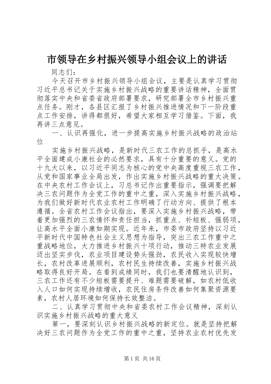 市领导在乡村振兴领导小组会议上的讲话发言_第1页
