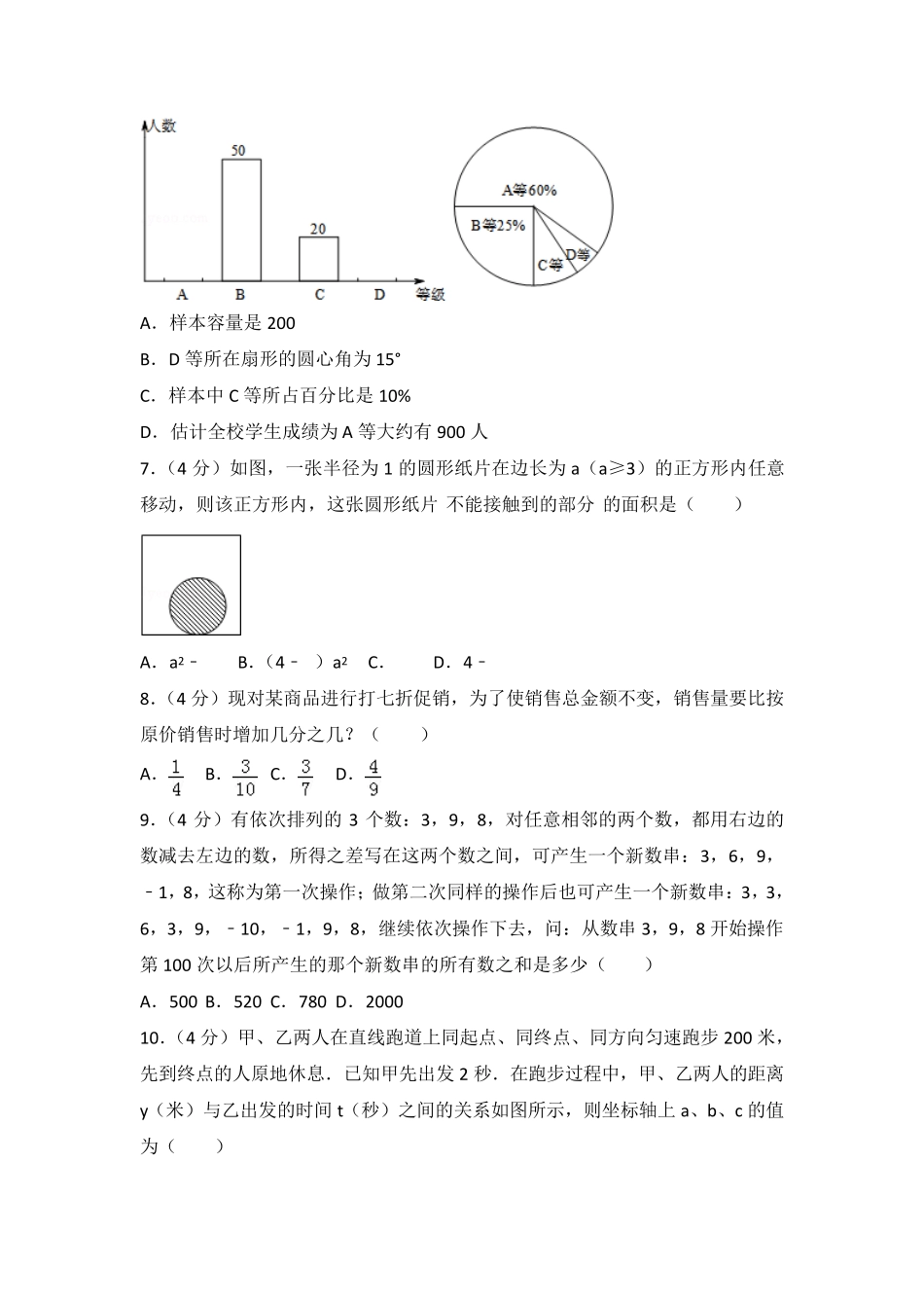2015年安徽省芜湖一中自主招生考试数学试卷 _第2页