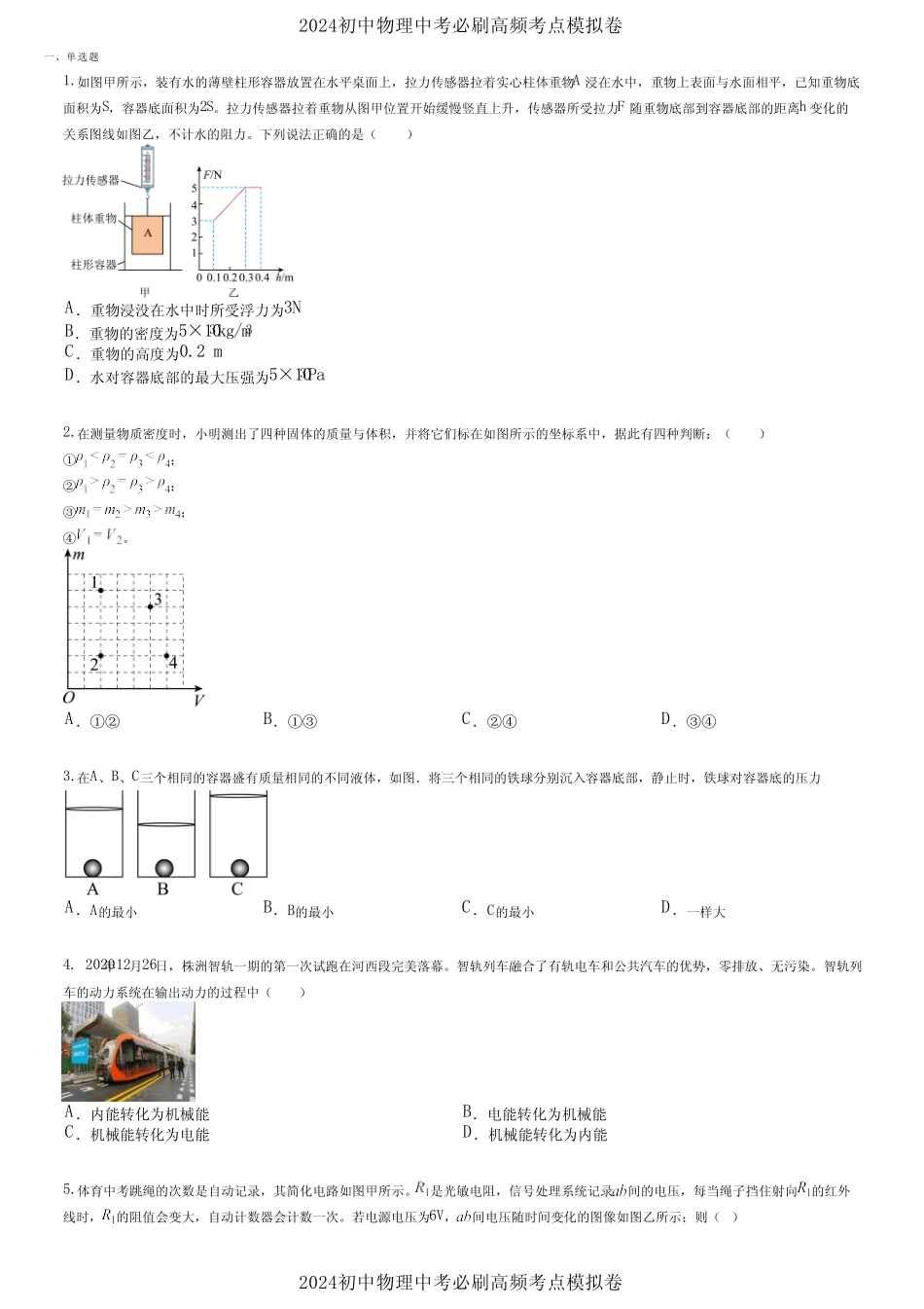 2024初中物理中考必刷高频考点模拟卷 (1675) _第1页