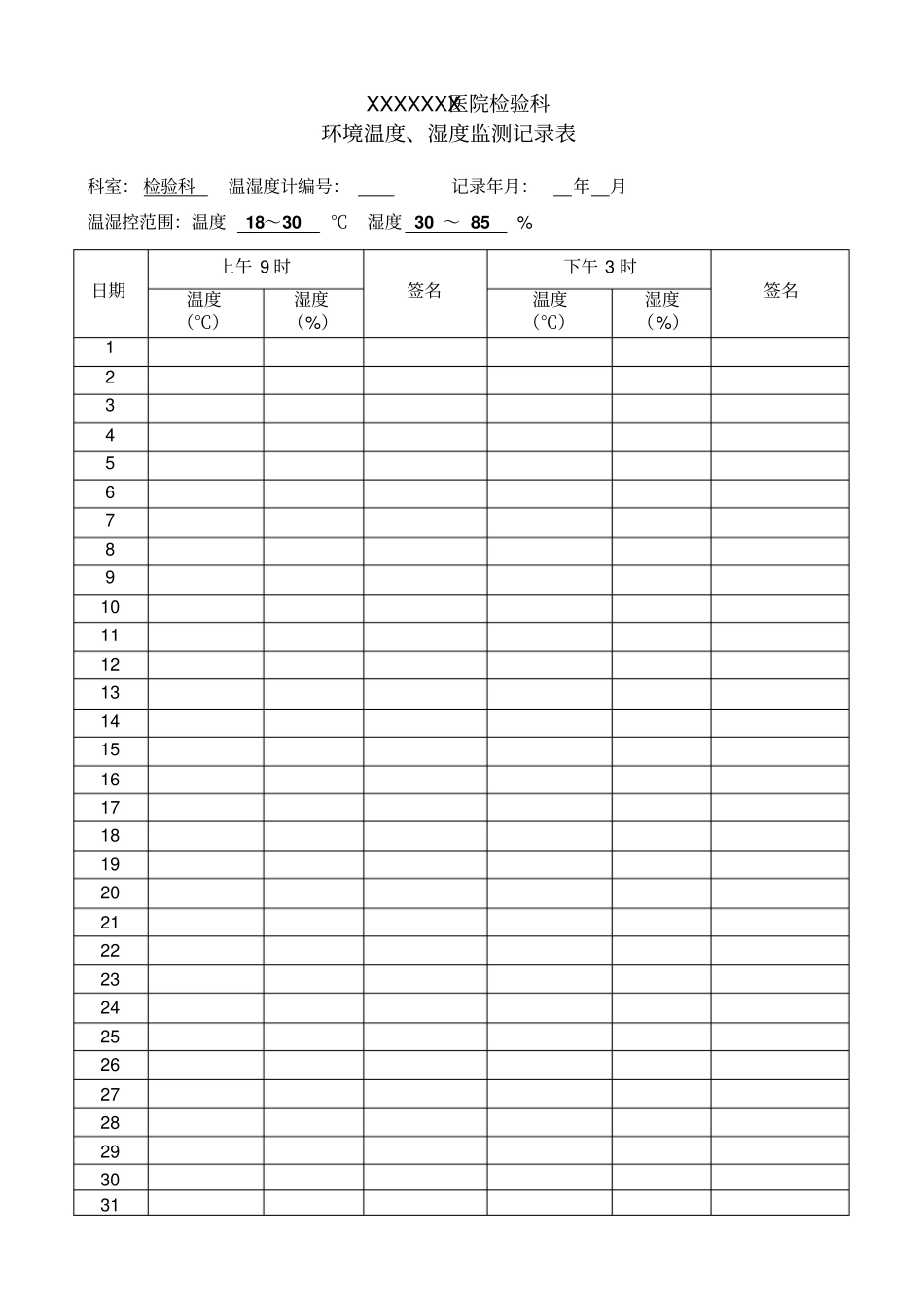 医院检验科环境温湿度监测记录表_第1页