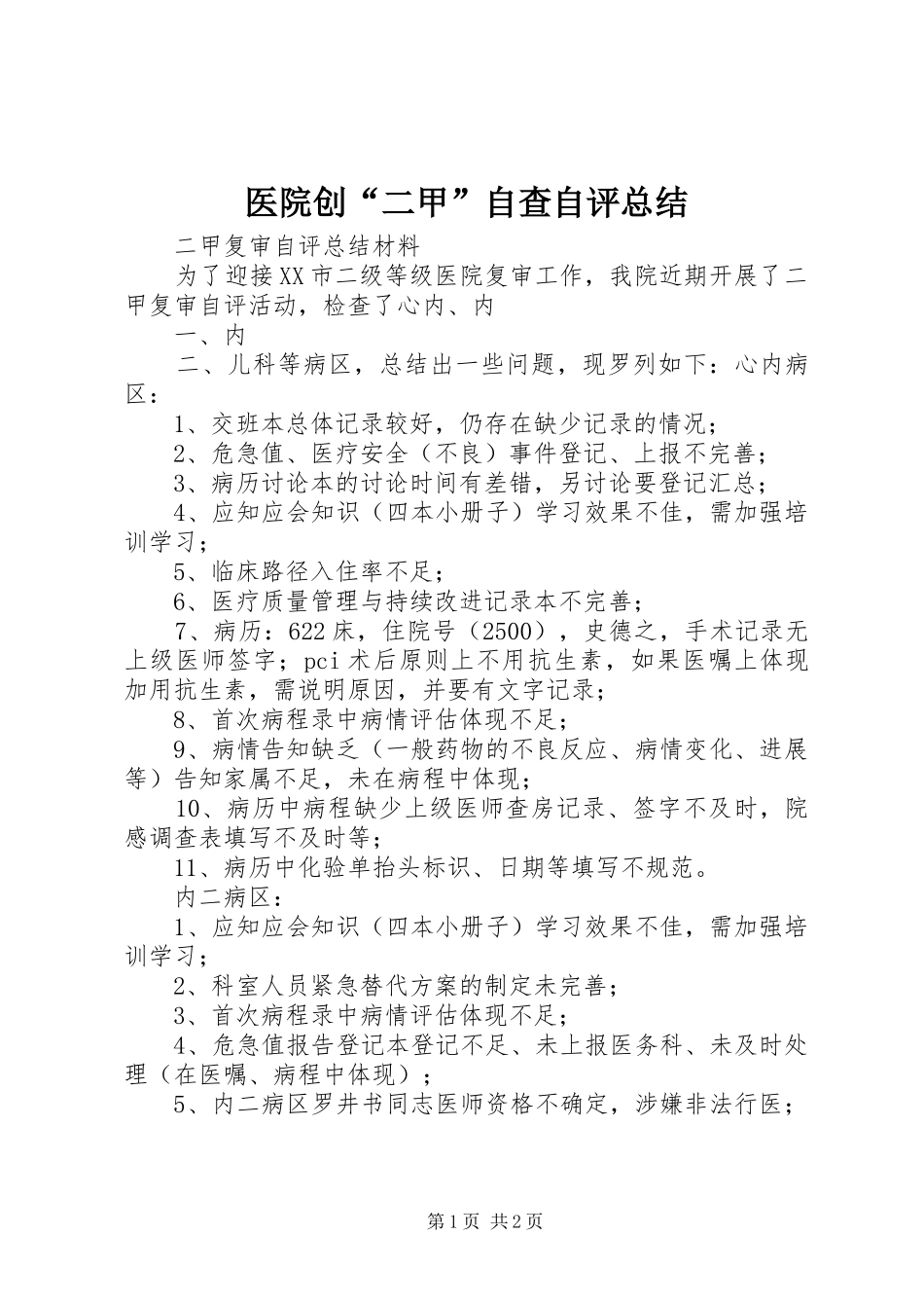 医院创“二甲”自查自评总结 _第1页
