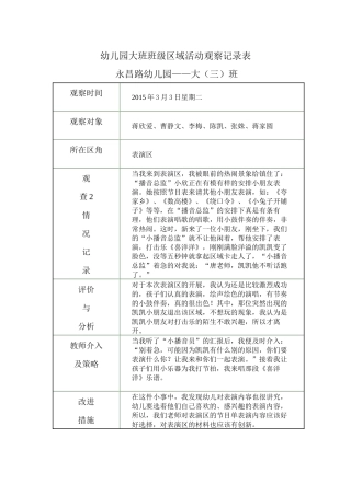 幼儿园大班班级区域活动观察记录表