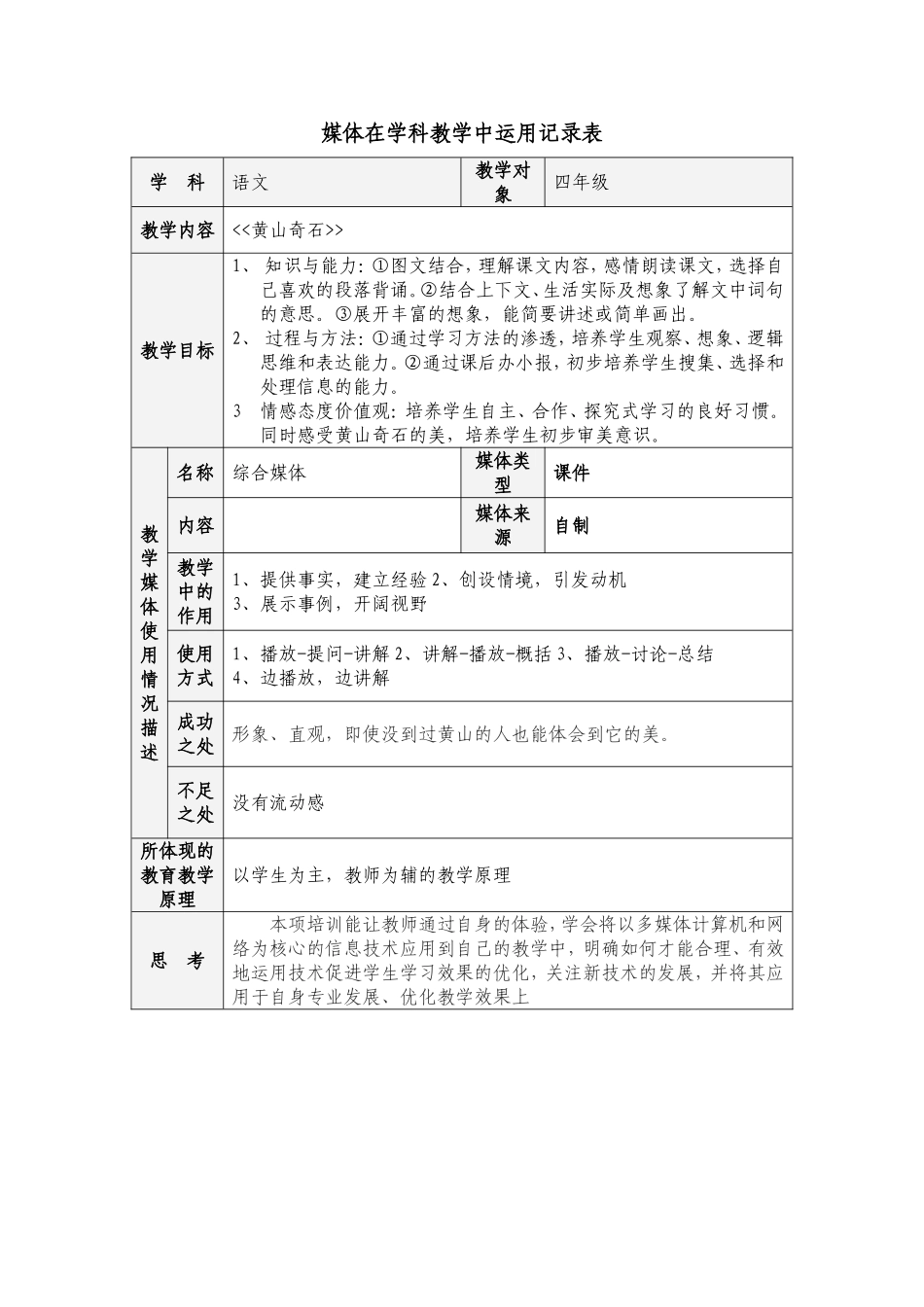 媒体在学科教学中运用记录表_第1页