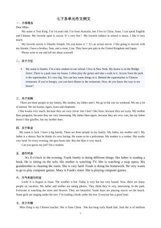 七年级下册各单元作文例文-（英汉对照）