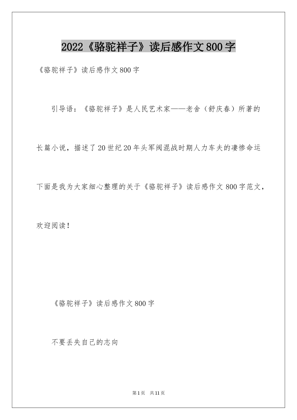 2024《骆驼祥子》读后感作文800字_第1页