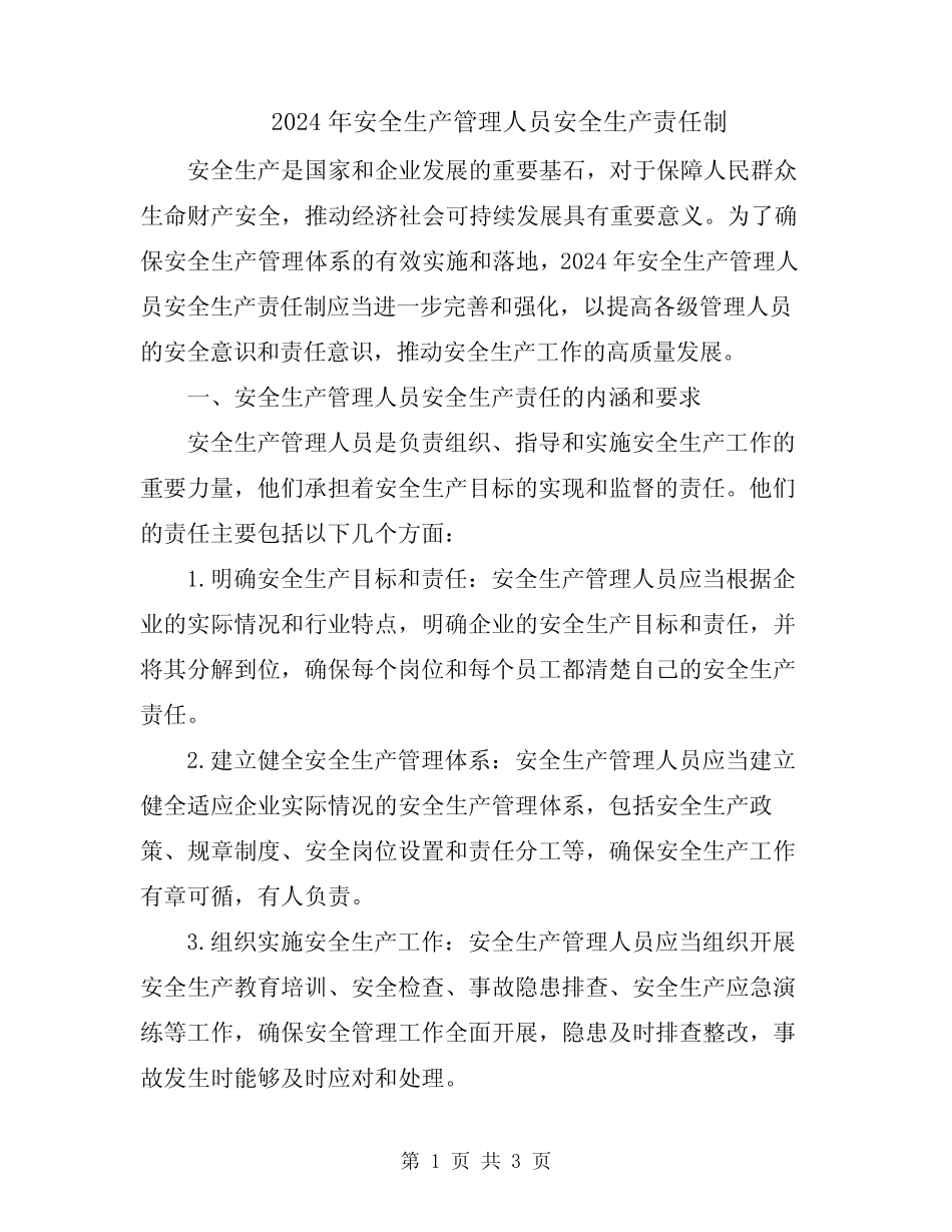 2024年安全生产管理人员安全生产责任制 _第1页
