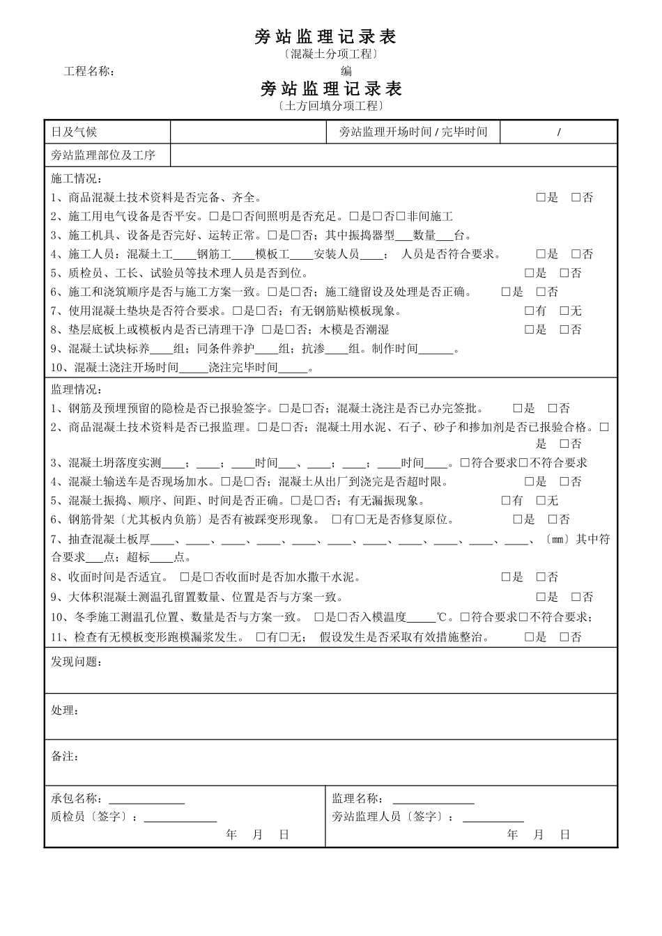 某工程旁站监理记录表(正式)_第1页