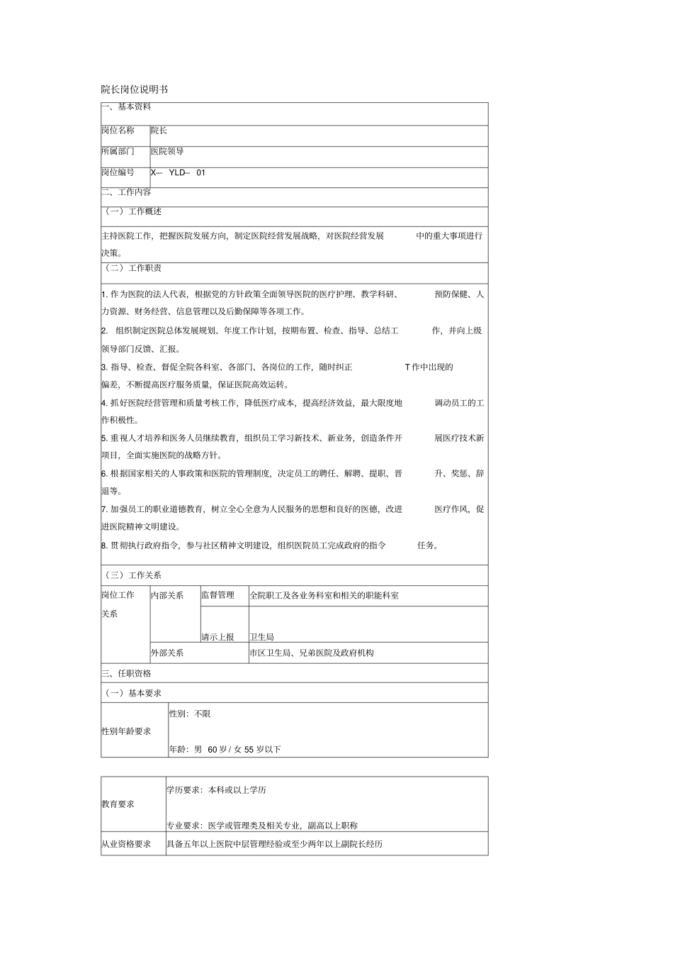 医院院长岗位说明书_第1页