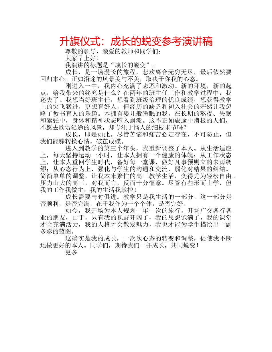 升旗仪式：成长的蜕变参考演讲稿 _第1页