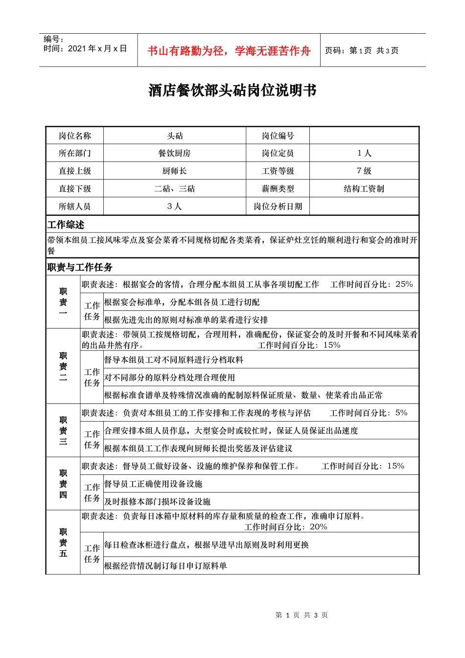 酒店餐饮部头砧岗位说明书._第1页