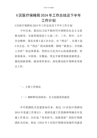 X区医疗保障局2024年工作总结及下半年工作计划