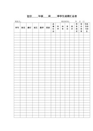 初中年级班季学生成绩汇总表
