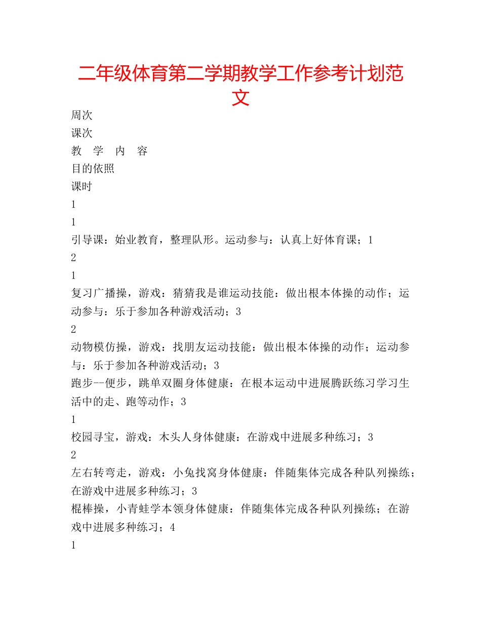 二年级体育第二学期教学工作参考计划范文 _第1页