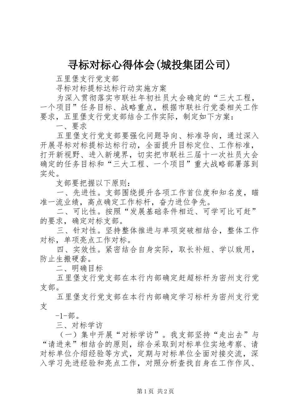 寻标对标体会心得(城投集团公司)_第1页