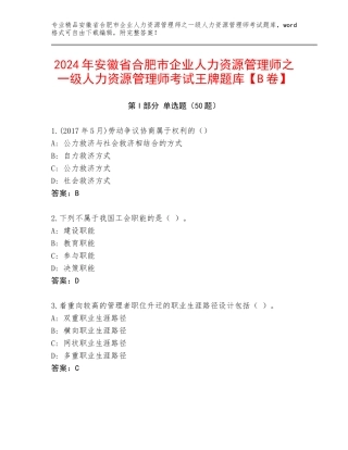2024年安徽省合肥市企业人力资源管理师之一级人力资源管理师考试王牌题库【B卷】