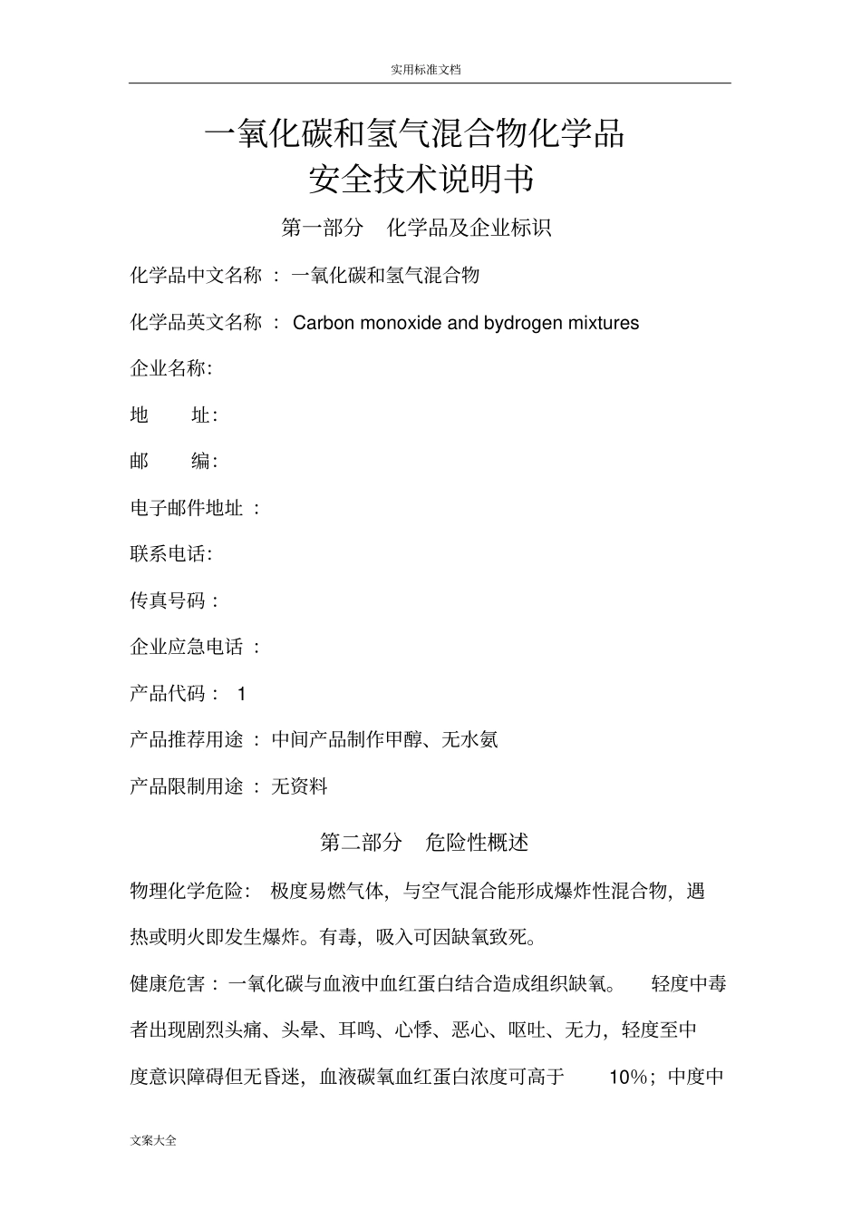 半水煤气一氧化碳和氢气混合物安全系统技术说明书_第1页