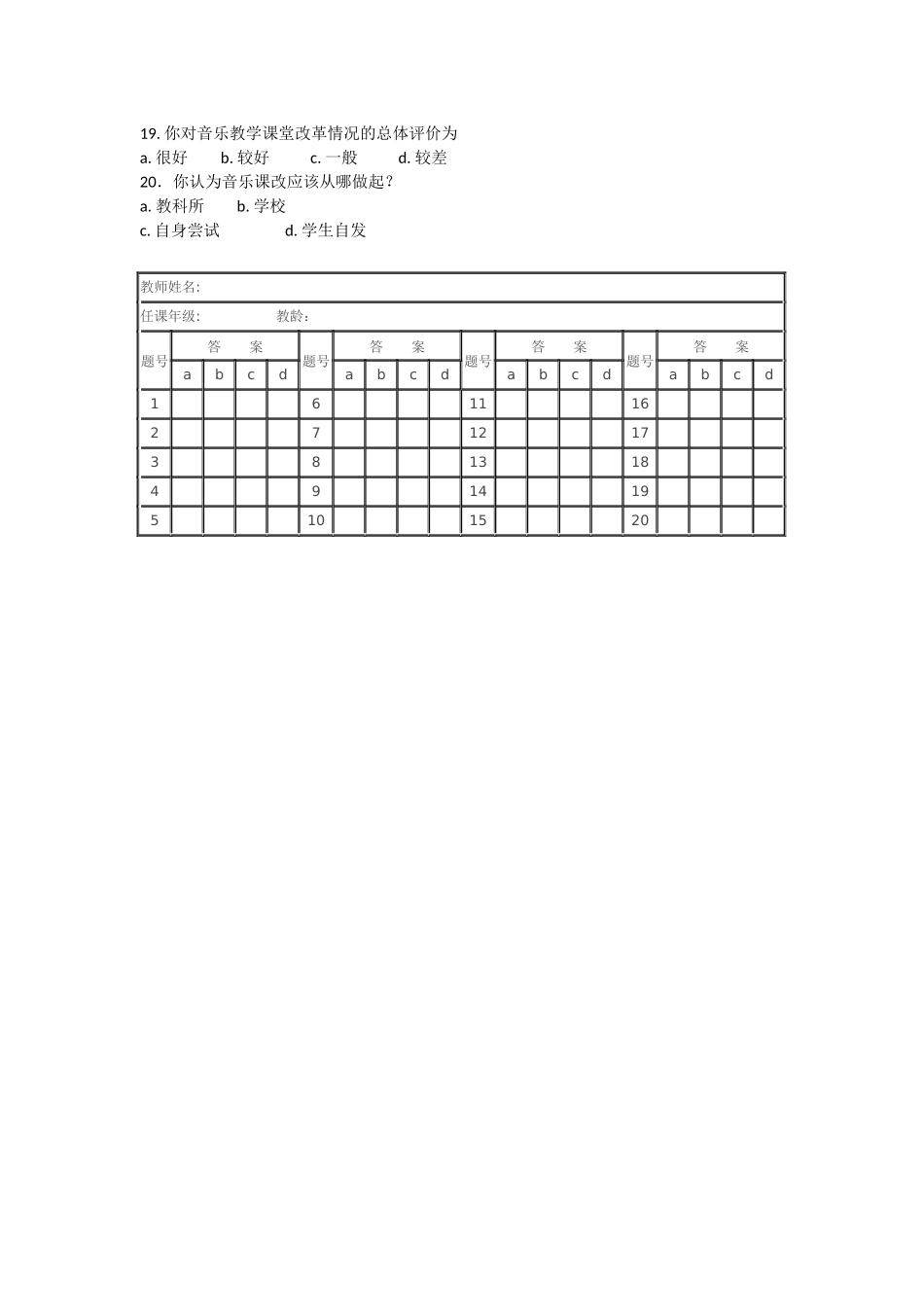 音乐教师教学情况问卷调查表_第2页