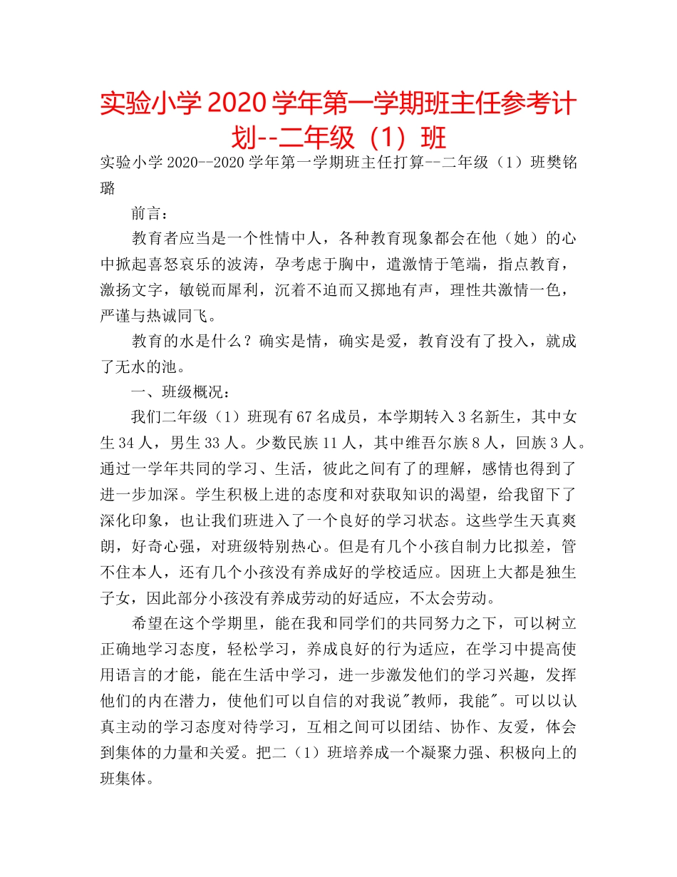 实验小学2020学年第一学期班主任参考计划--二年级（1）班 _第1页