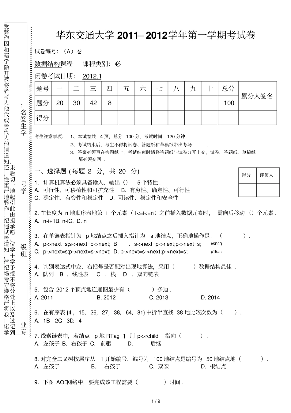 华东交通大学数据结构历年考试_第1页