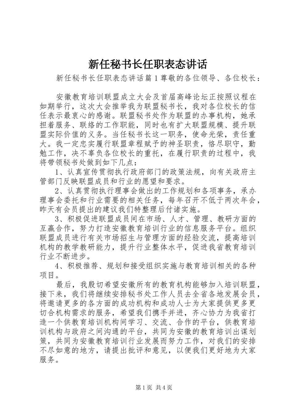 新任秘书长任职表态讲话发言_第1页