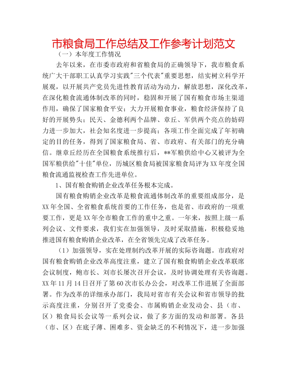市粮食局工作总结及工作参考计划范文 _第1页