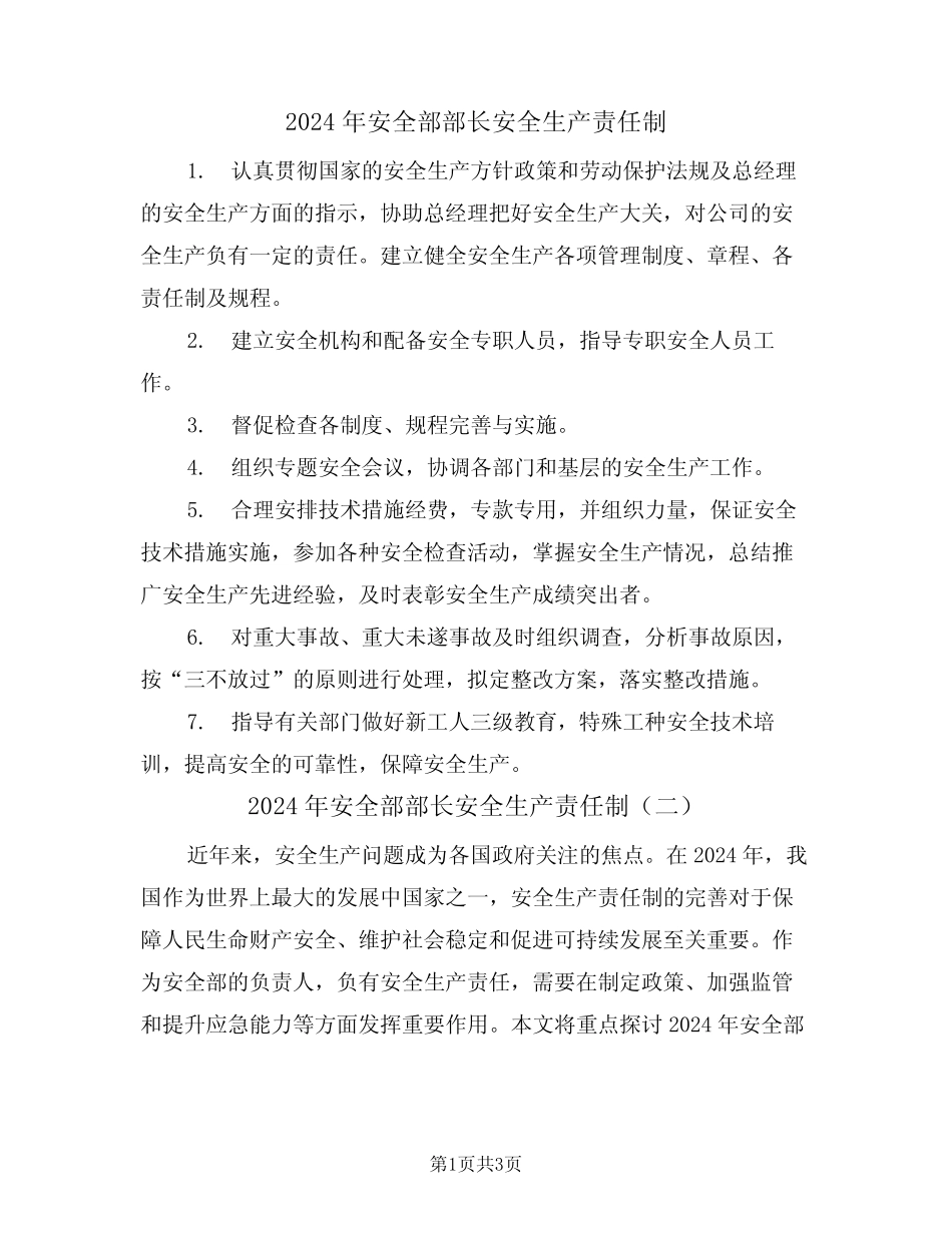 2024年安全部部长安全生产责任制(二篇) _第1页