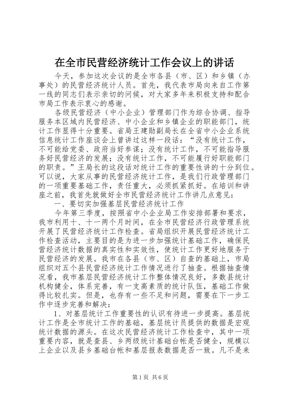 在全市民营经济统计工作会议上的讲话发言_第1页