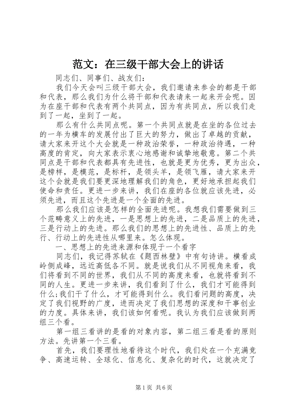 范文：在三级干部大会上的讲话发言_第1页