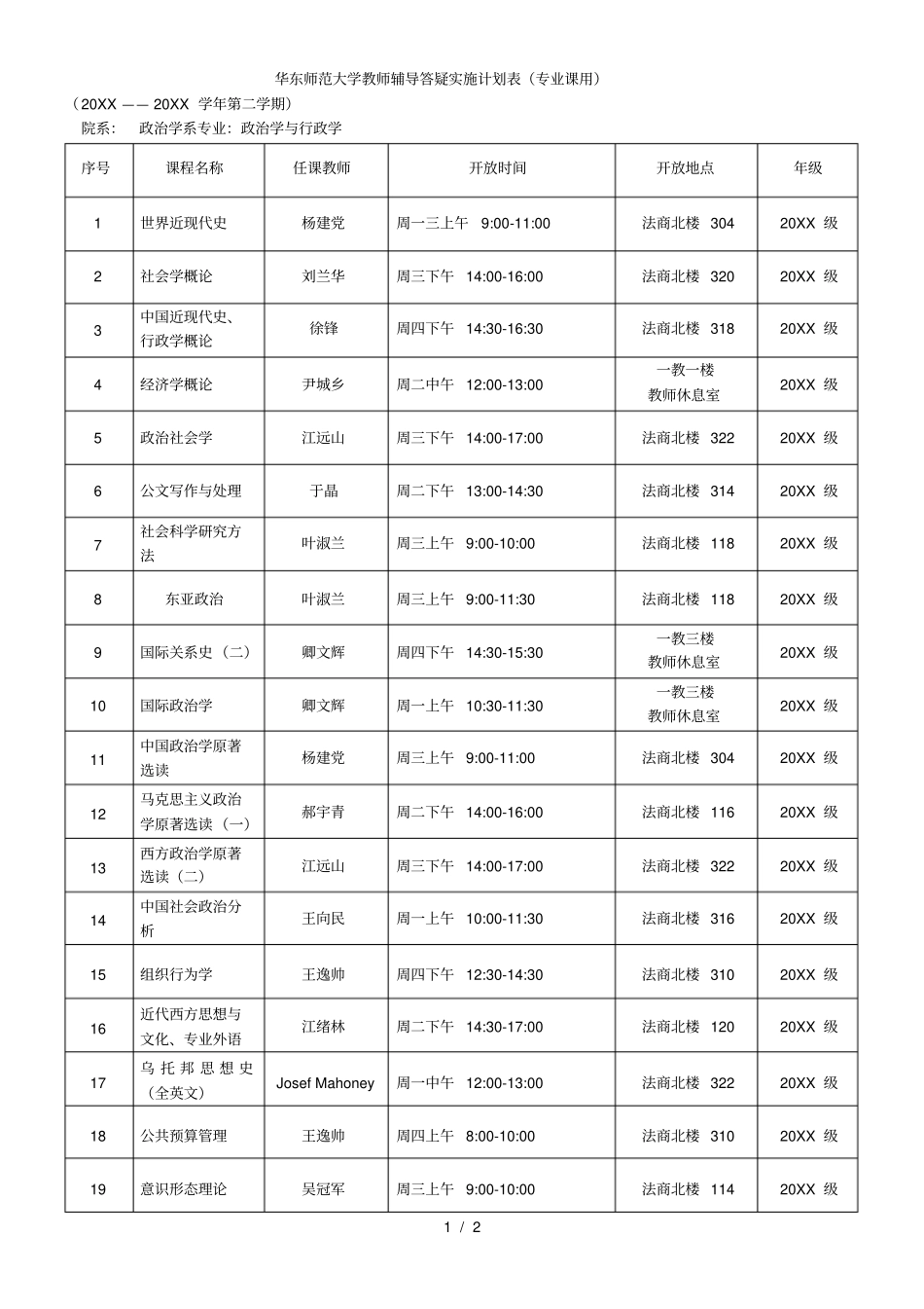 华东师范大学教师辅导答疑实施计划表专业课用_第1页