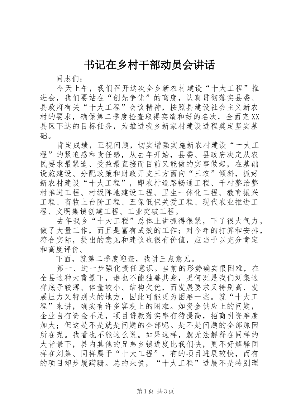 书记在乡村干部动员会讲话发言_第1页