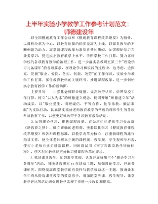 上半年实验小学教学工作参考计划范文：师德建设年 